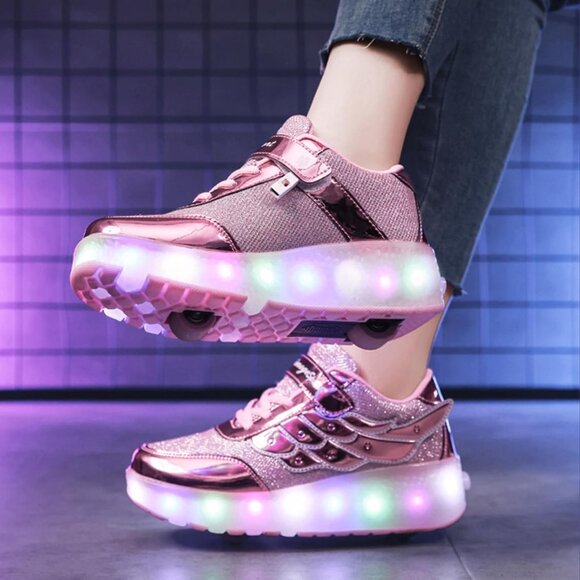 Kids Rose Usb Chargeable Led Light Up Wheeled Skate Sneaker Shoes - Picture 2 of 9